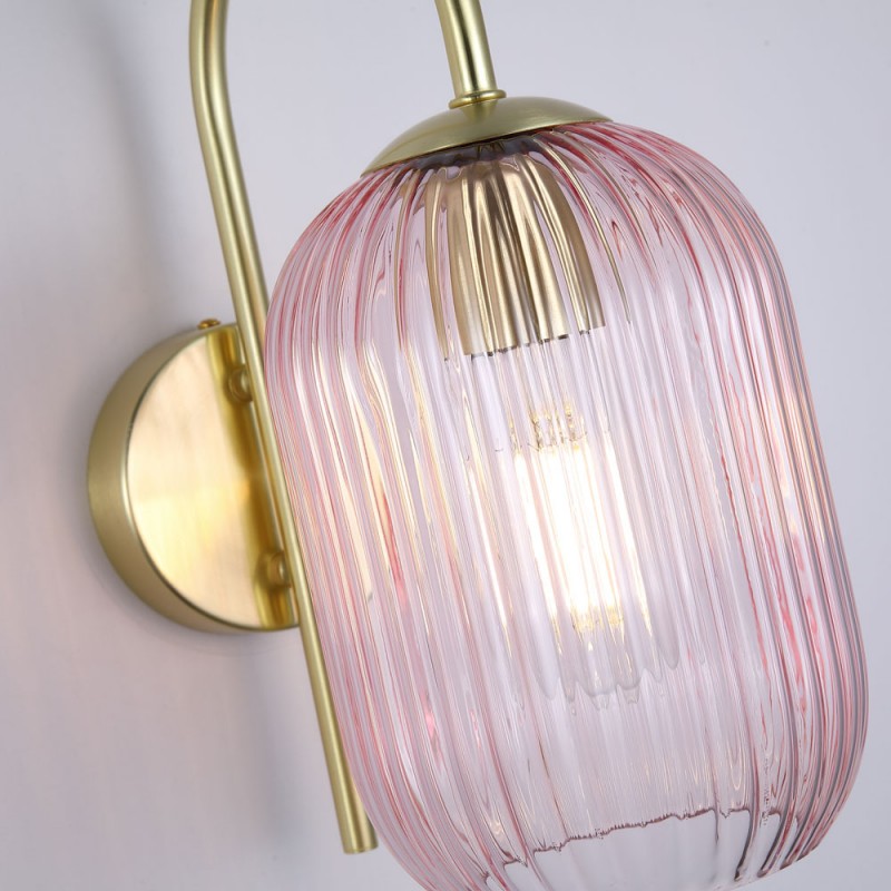 Searchlight-NIK-WB-SB+02NIK-PI - Nikita - Satin Brass Wall Lamp with Pink Ribbed Glass