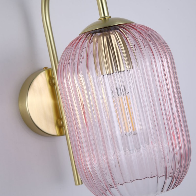 Searchlight-NIK-WB-SB+02NIK-PI - Nikita - Satin Brass Wall Lamp with Pink Ribbed Glass