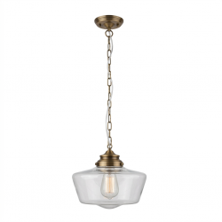 School House - Antique Brass Pendant Light with Clear Glass Shade (IP44)