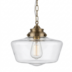 School House - Antique Brass Pendant Light with Clear Glass Shade (IP44)