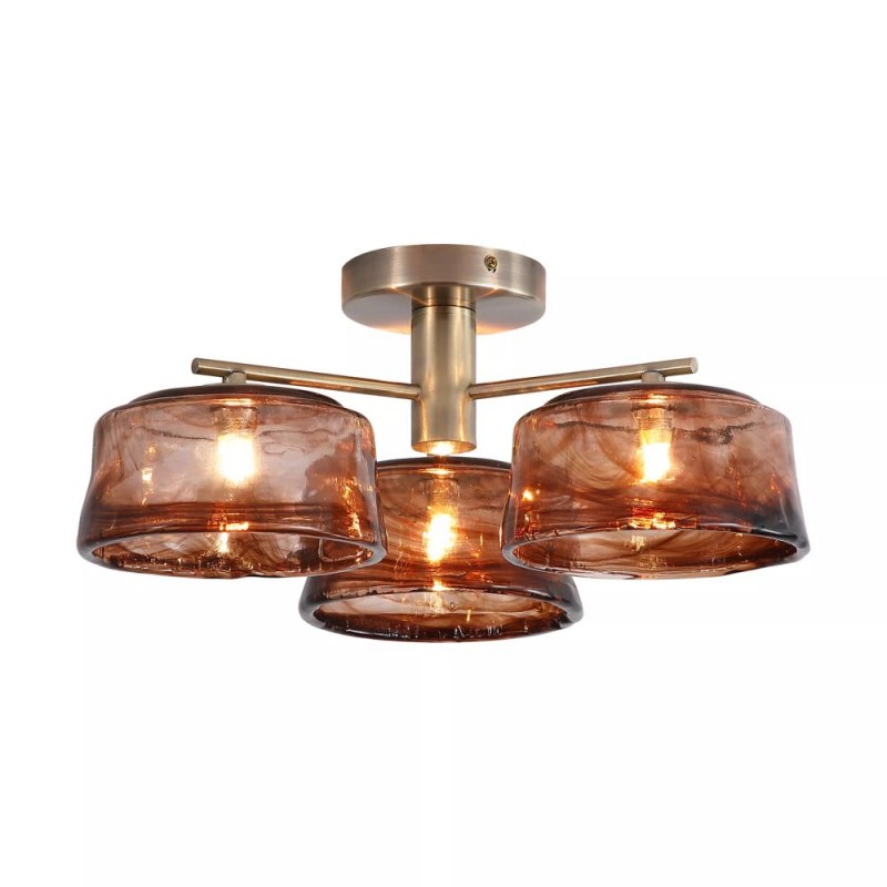 Prism-83203 - May - Antique Brass 3 Light Semi Flush with Brown Milky Glass
