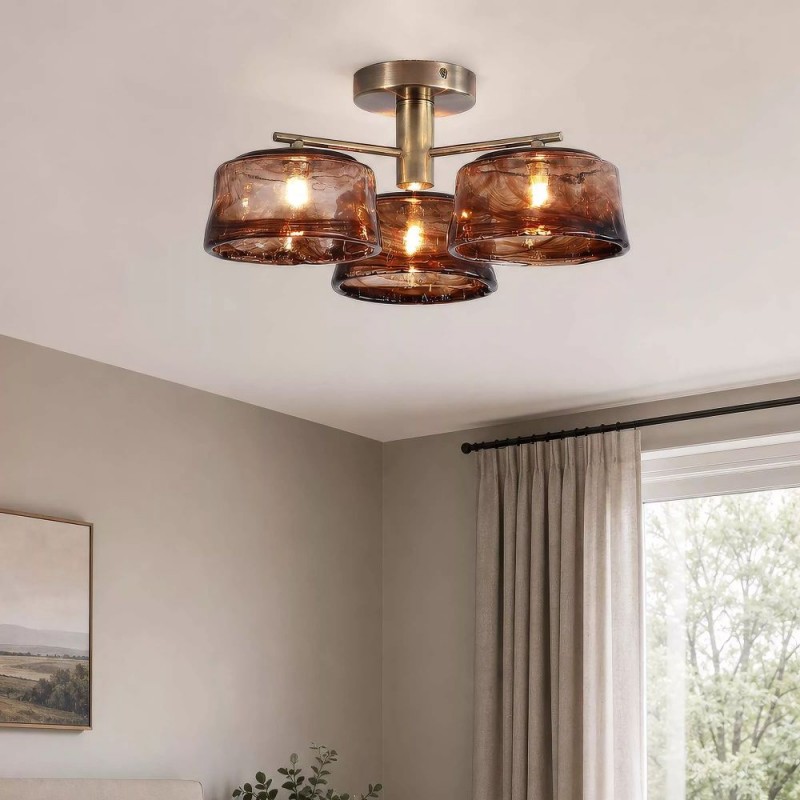 Prism-83203 - May - Antique Brass 3 Light Semi Flush with Brown Milky Glass