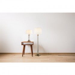 Pedestal - Clear Glass & Antique Brass with Cream Shade Table Lamp Pedestal - Clear Glass & Antique Brass with Cream Shade Table Lamp