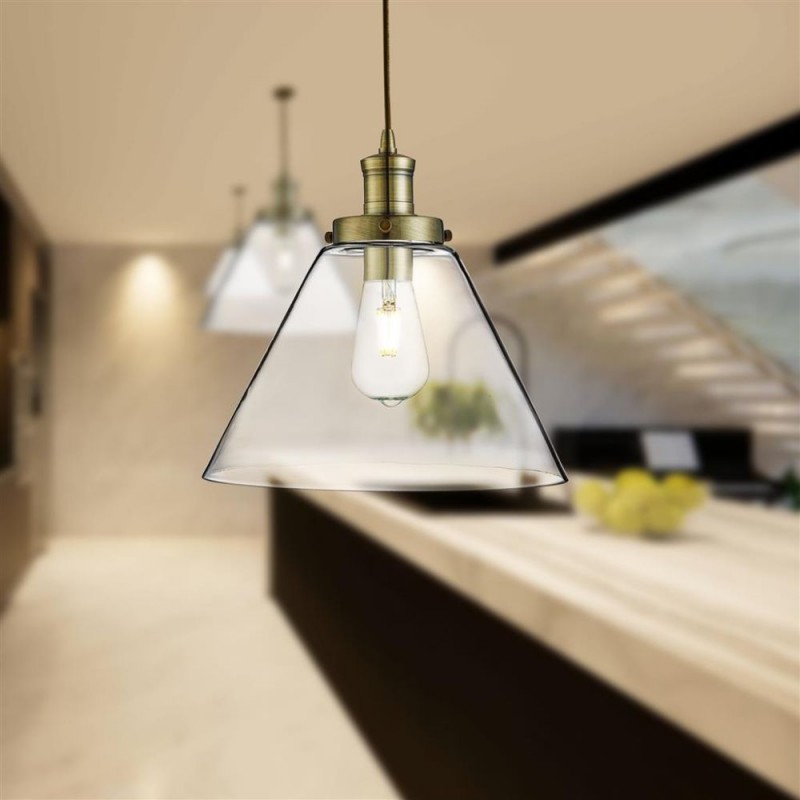 Ceiling Lights - Pyramid - Clear Glass with Antique Brass Single Pendant Searchlight-3228AB - Pyramid - Clear Glass with Antique Brass Single Pendant