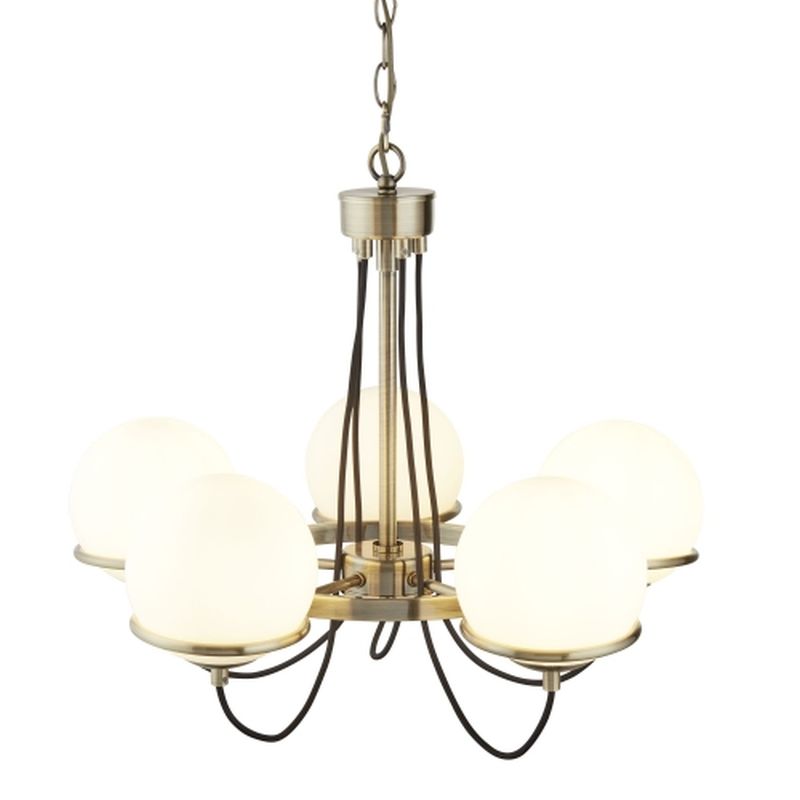 Searchlight-7095-5AB - Sphere - White Glass & Antique Brass 5 Light Centre Fitting