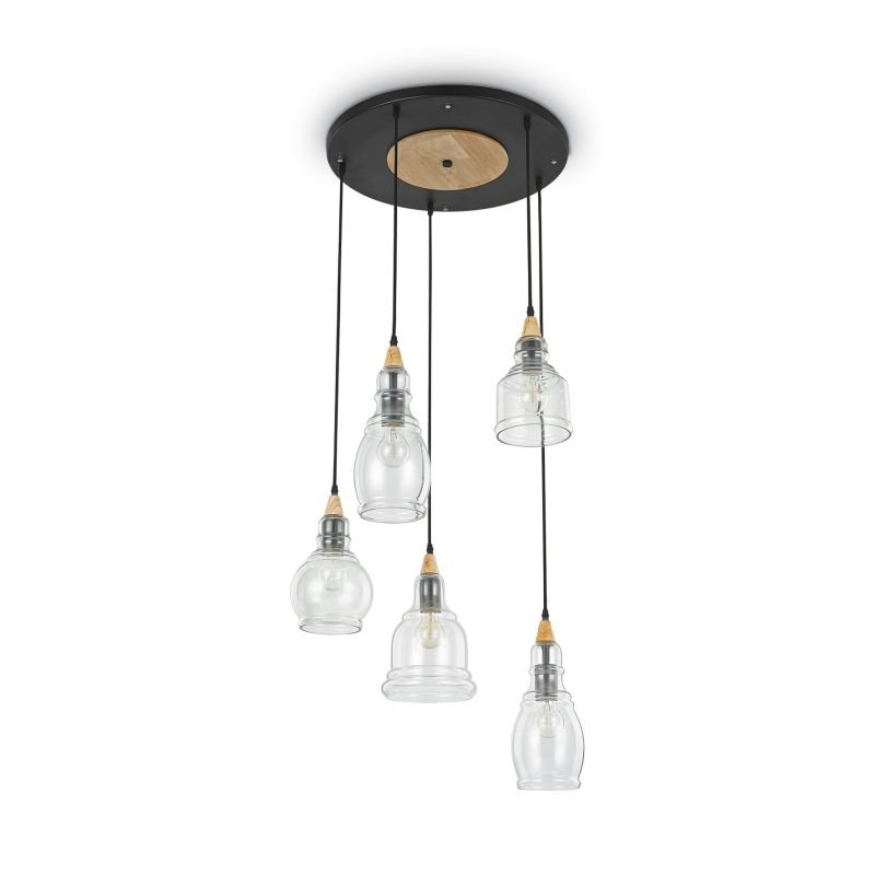IdealLux-103174 - Gretel - Clear Glass with Wood 5 Light Pendant