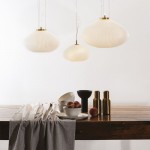 Plisse - Satin Brass Pendant with Ribbed White Glass ∅ 35 cm