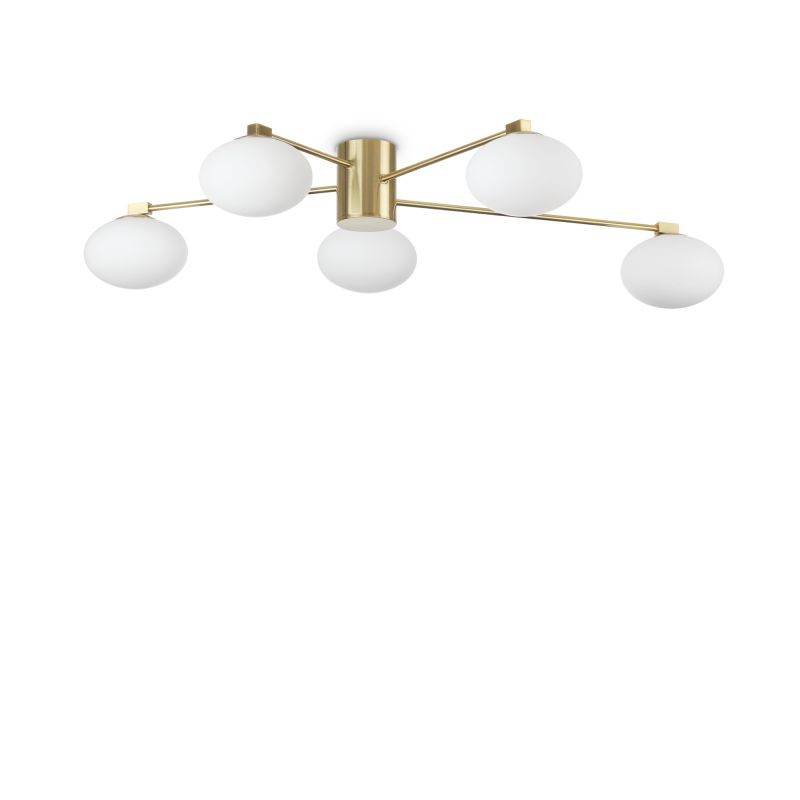 IdealLux-288277 - Hermes - Satin Gold 5 Light Ceiling Lamp with White Glass Shades