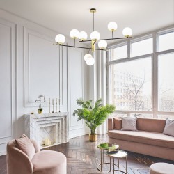 Gourmet - Black & Satin Brass 9 Light Centre Fitting with White Glass