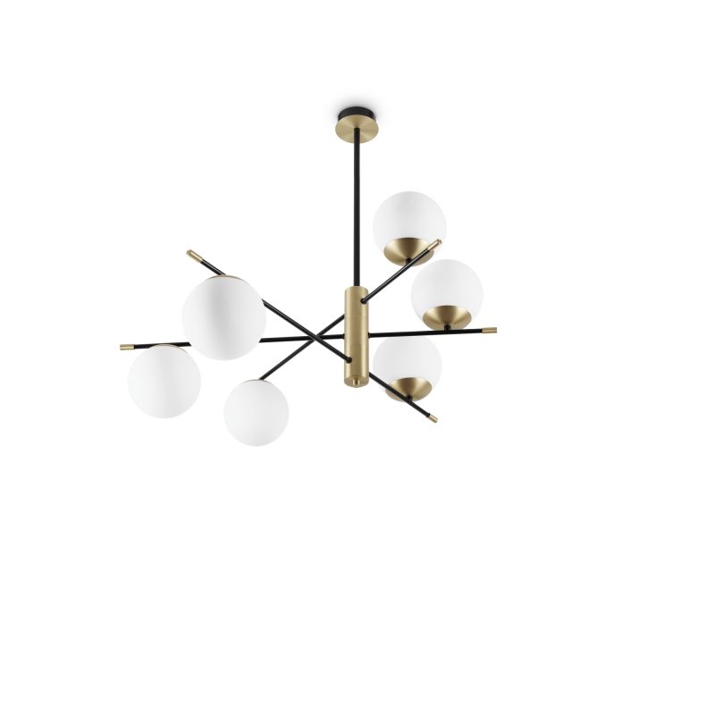 IdealLux-289496 - Gourmet - Black & Satin Brass 6 Light Centre Fitting with White Glass