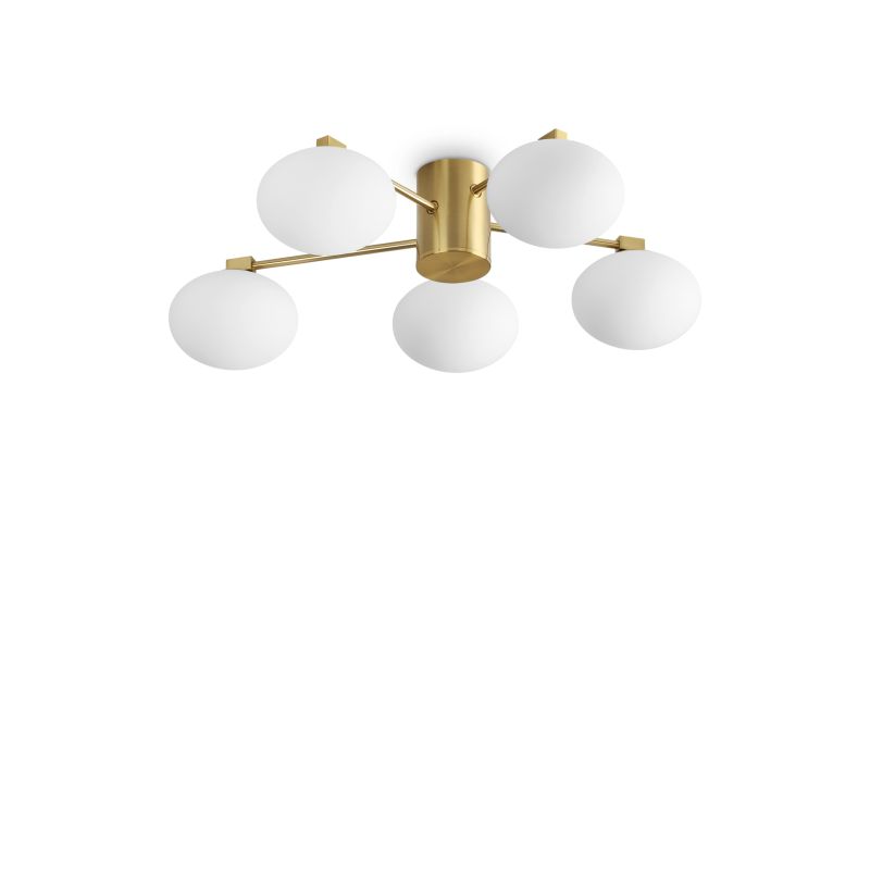 IdealLux-316697 - Hermes - Satin Brass 5 Light Ceiling Lamp with White Glasses