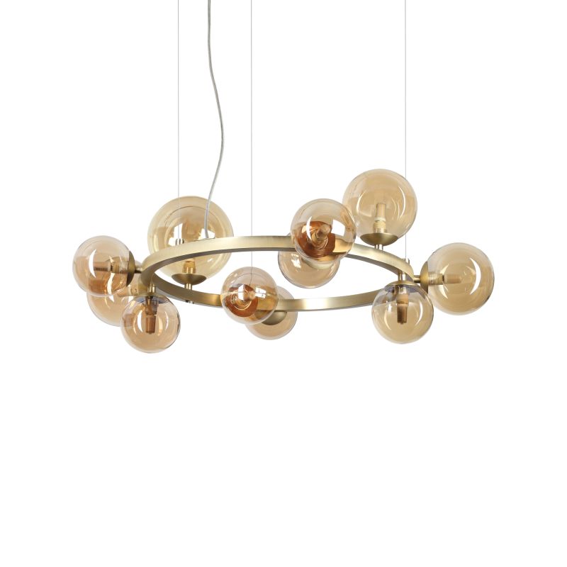 IdealLux-322773 - Perlage - Satin Brass 11 Light Centre Fitting with Amber Glasses