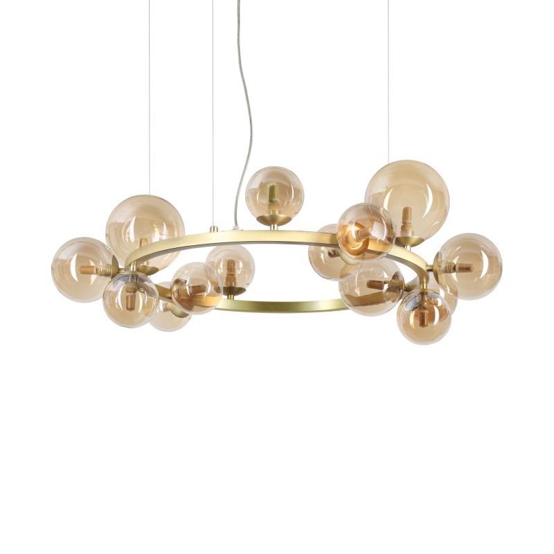 IdealLux-322797 - Perlage - Satin Brass 14 Light Centre Fitting with Amber Glasses