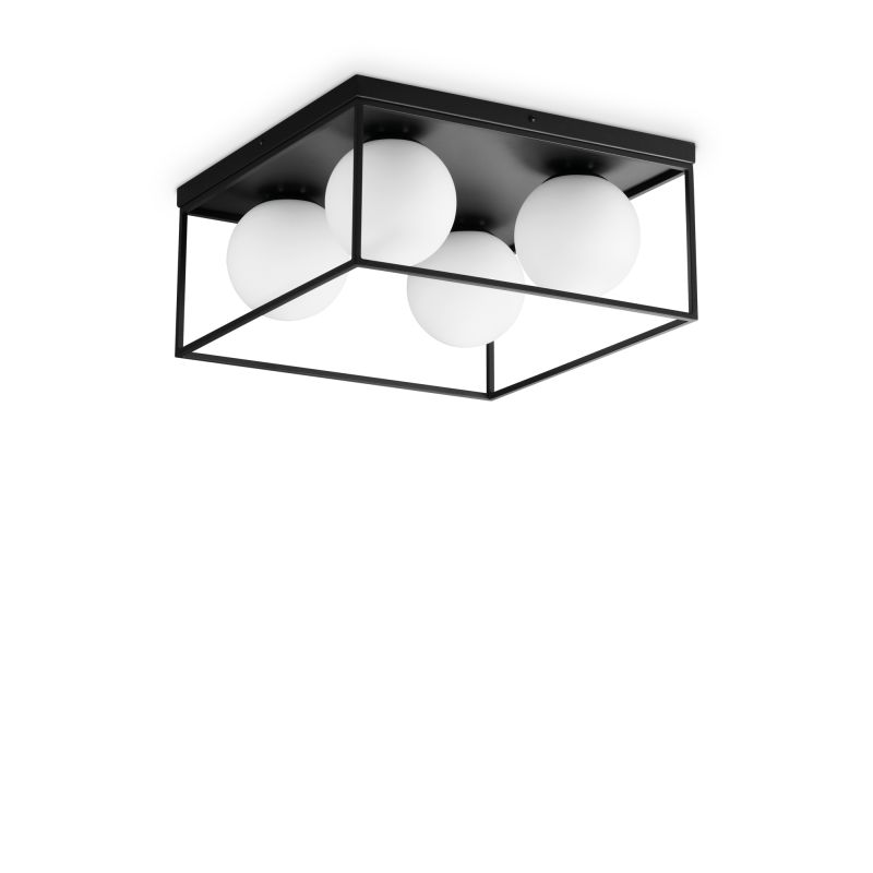 IdealLux-327860 - Lingotto - Matt Black 4 Light Flush with White Globes