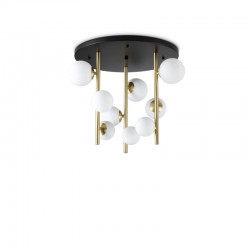 Perlage - Satin Brass & Black 9 Light Semi Flush with White Glasses Perlage - Satin Brass & Black 9 Light Semi Flush with White Glasses