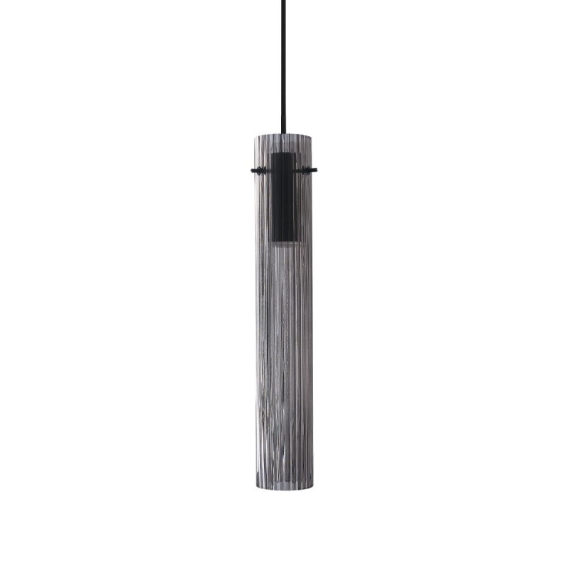 IdealLux-353883 - Flam - Black LED Pendant with Ribbed Smoked Glass