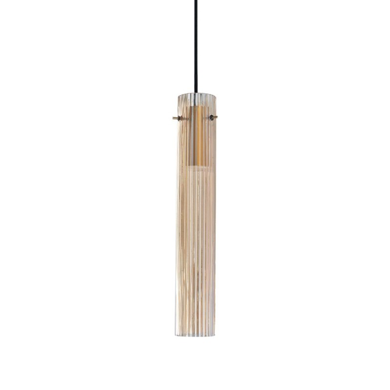 IdealLux-353890 - Flam - Brass LED Pendant with Ribbed Amber Glass