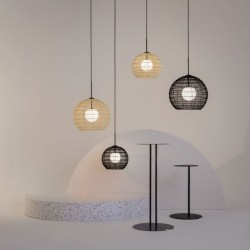 Cane - Black Wicker Pendant with White Glass Diffuser