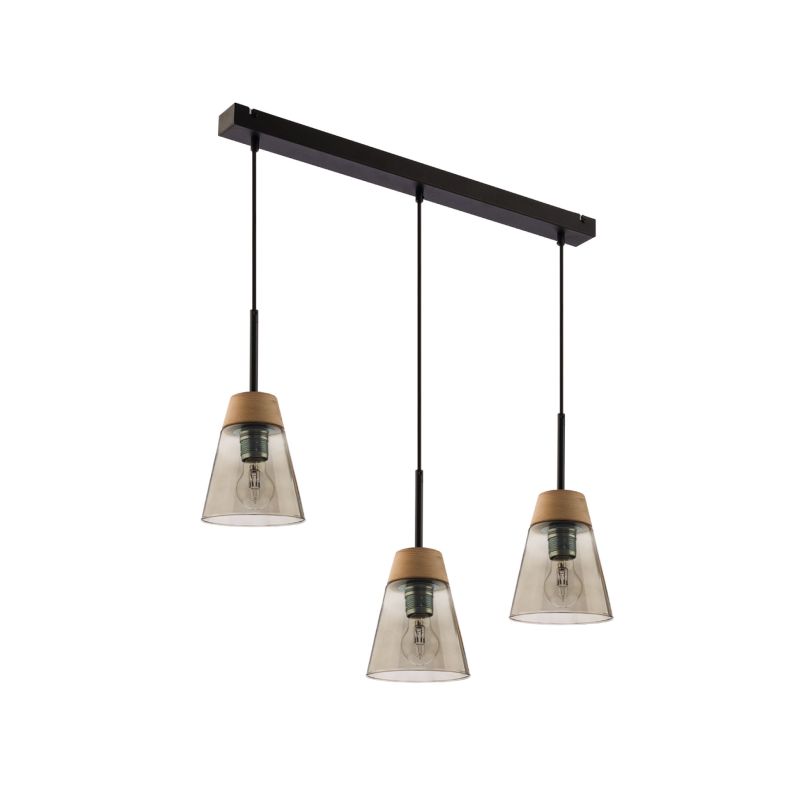 Kitchen Lights - Domino - Smoky Glass with Wood 3 Light over Island Fitting Prism-DM 3 DY | 1548 - Domino - Smoky Glass with Wood 3 Light over Island Fitting