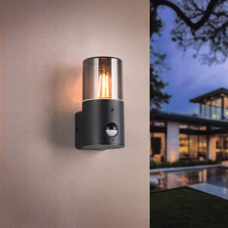 - Hoosic - Matt Black PIR Wall Lamp with Smoked Diffuser Trio-222260132 - Hoosic - Matt Black PIR Wall Lamp with Smoked Diffuser