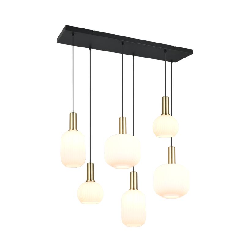 - Diva - Black & Matt Brass 6 Light over Island Fitting with Ribbed White Glass Trio-319800608 - Diva - Black & Matt Brass 6 Light over Island Fitting with Ribbed White Glass
