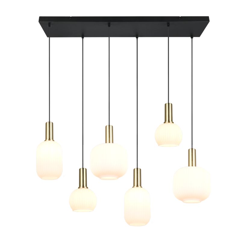 - Diva - Black & Matt Brass 6 Light over Island Fitting with Ribbed White Glass Trio-319800608 - Diva - Black & Matt Brass 6 Light over Island Fitting with Ribbed White Glass