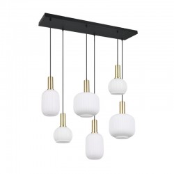 Diva - Black & Matt Brass 6 Light over Island Fitting with Ribbed White Glass Diva - Black & Matt Brass 6 Light over Island Fitting with Ribbed White Glass