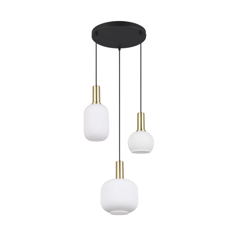 Trio-319830308 - Diva - Black & Matt Brass 3 Light Cluster Pendant with Ribbed White Glass