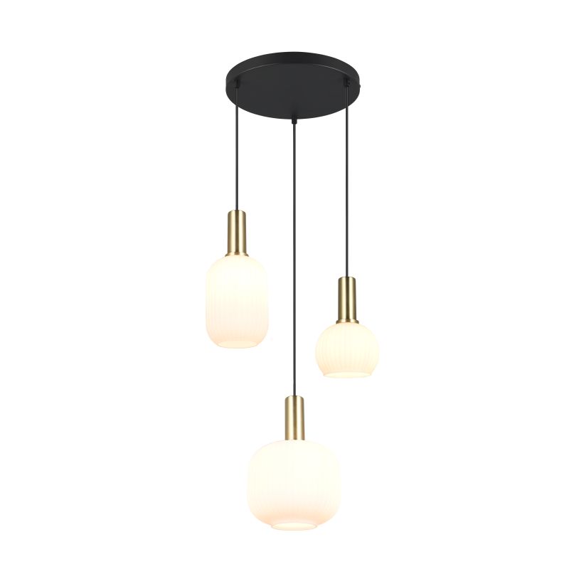 Trio-319830308 - Diva - Black & Matt Brass 3 Light Cluster Pendant with Ribbed White Glass