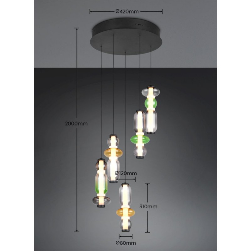 Trio-334330517 - Minerva - Black CCT Cluster Pendant with Multicolour Glass