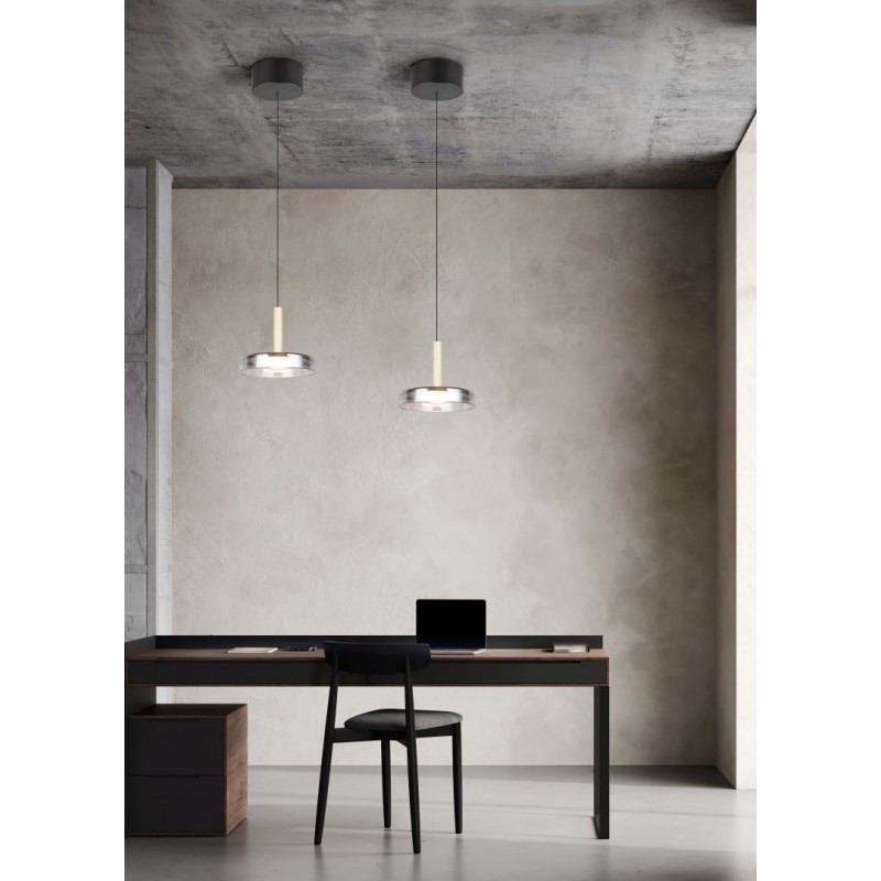 - Celeste - Black & Wood LED Pendant with Smoked Glass Trio-354910132 - Celeste - Black & Wood LED Pendant with Smoked Glass
