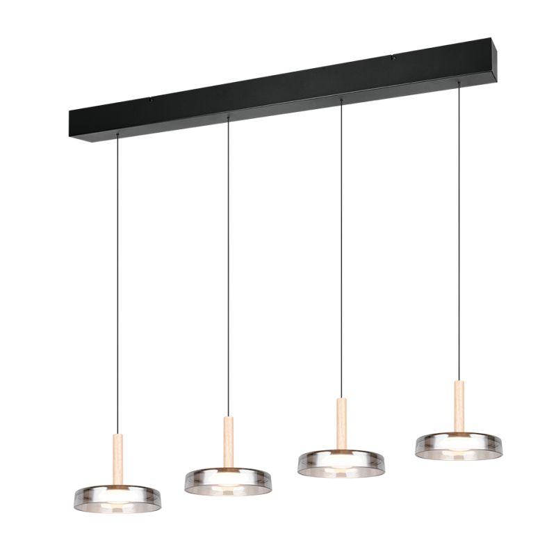 Trio-354910432 - Celeste - Black & Wood 4 Light LED over Island Fitting with Smoked Glass