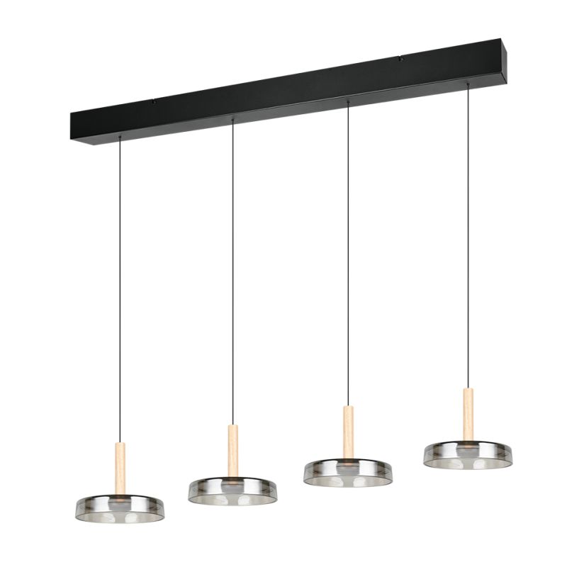 Trio-354910432 - Celeste - Black & Wood 4 Light LED over Island Fitting with Smoked Glass