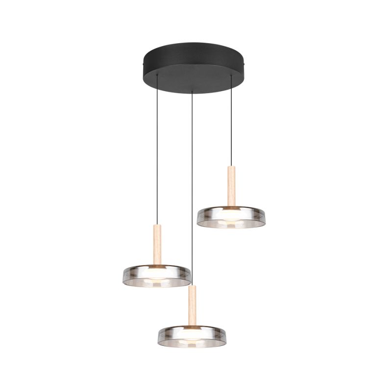 - Celeste - Black & Wood 3 Light LED Cluster Pendant with Smoked Glass Trio-354930332 - Celeste - Black & Wood 3 Light LED Cluster Pendant with Smoked Glass