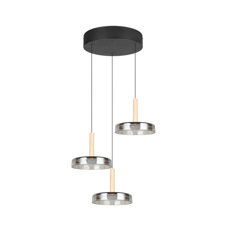 - Celeste - Black & Wood 3 Light LED Cluster Pendant with Smoked Glass Trio-354930332 - Celeste - Black & Wood 3 Light LED Cluster Pendant with Smoked Glass