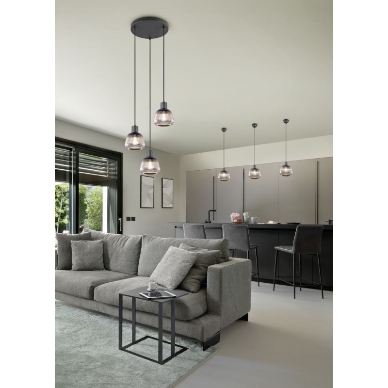 - Tarifa - Black Pendant with Mirrored Smoked Ribbed Glass Trio-362800132 - Tarifa - Black Pendant with Mirrored Smoked Ribbed Glass