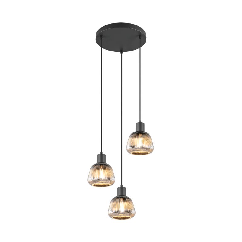 - Tarifa - Black 3 Light Cluster Pendant with Mirrored Smoked Ribbed Glass Trio-362830332 - Tarifa - Black 3 Light Cluster Pendant with Mirrored Smoked Ribbed Glass