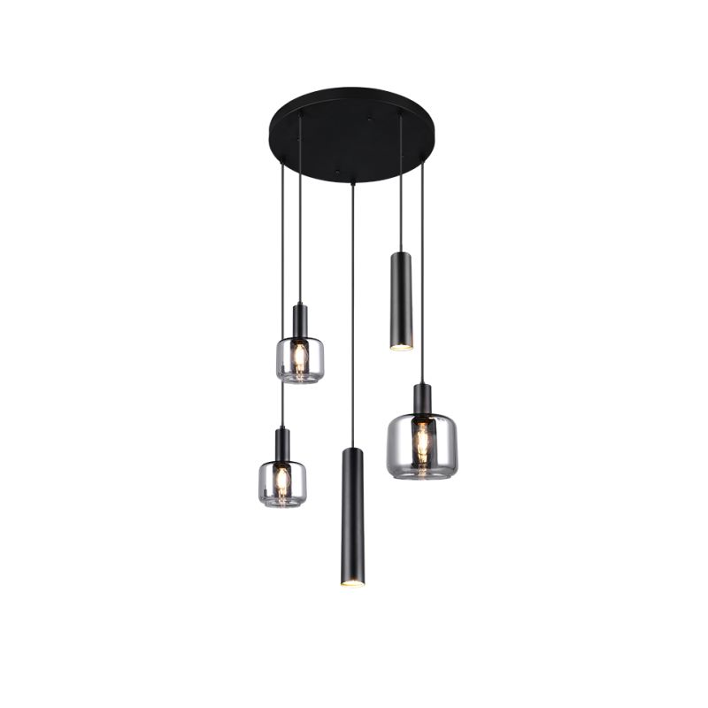 Trio-364130532 - Mataro - Matt Black 5 Light Cluster Pendant with Mirrored Smoked Glass