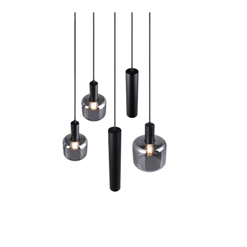 Trio-364130532 - Mataro - Matt Black 5 Light Cluster Pendant with Mirrored Smoked Glass