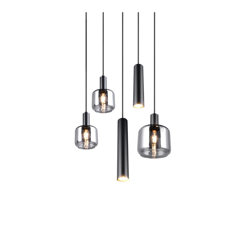 Trio-364130532 - Mataro - Matt Black 5 Light Cluster Pendant with Mirrored Smoked Glass