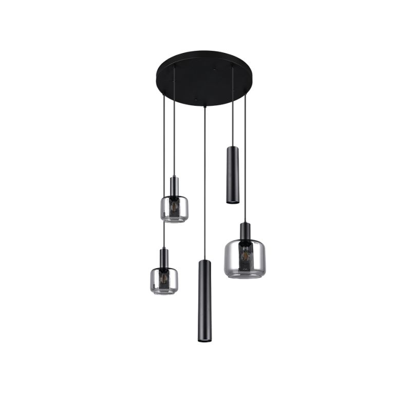 Trio-364130532 - Mataro - Matt Black 5 Light Cluster Pendant with Mirrored Smoked Glass