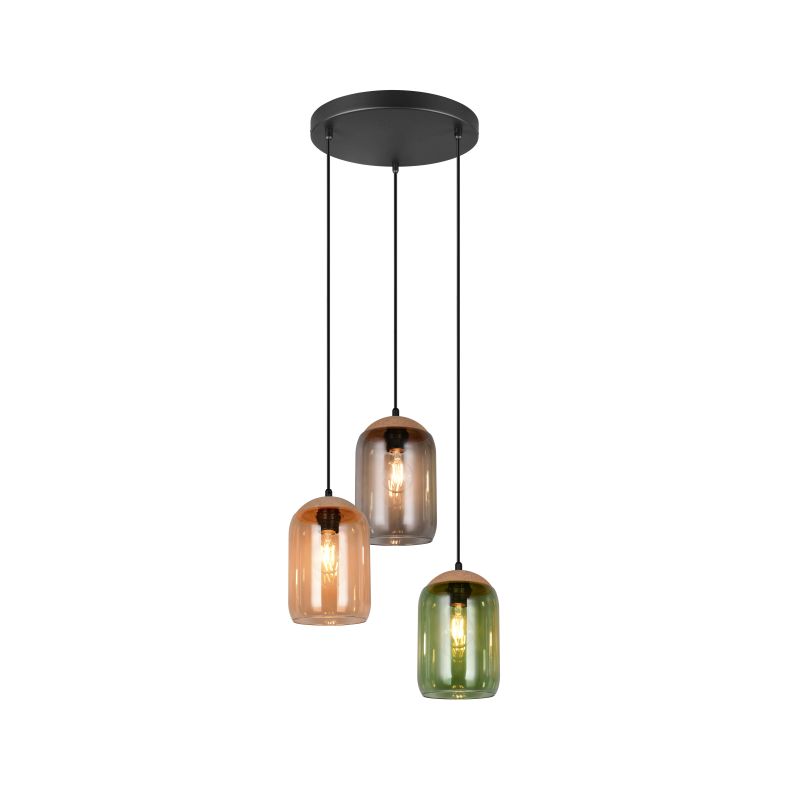 Trio-364630317 - Cork - Black 3 Light Cluster Pendant with Multicolour Glass & Cork