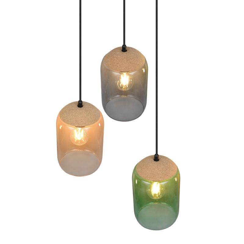 Trio-364630317 - Cork - Black 3 Light Cluster Pendant with Multicolour Glass & Cork