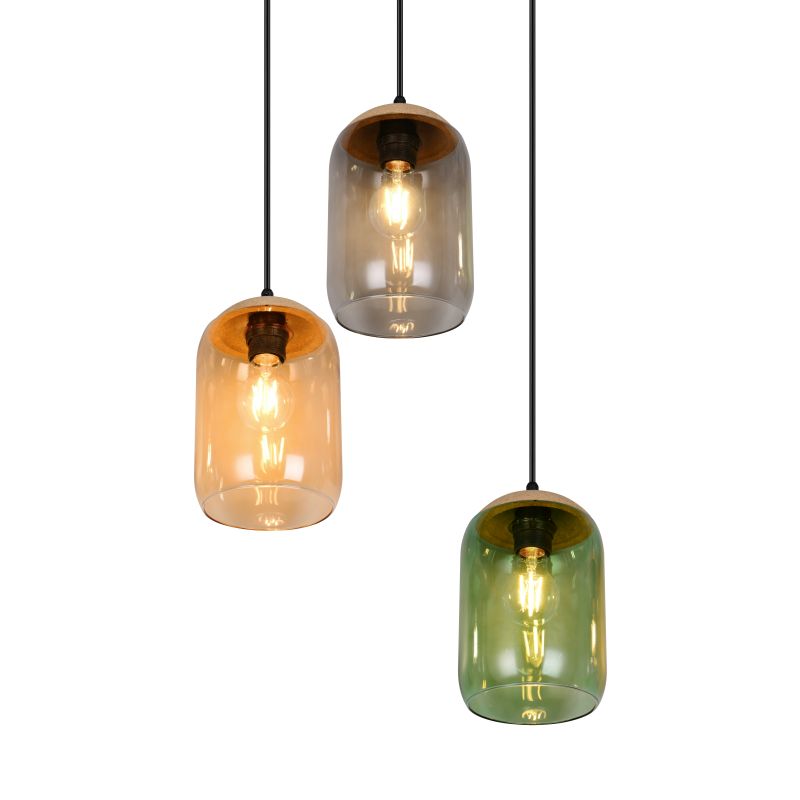 Trio-364630317 - Cork - Black 3 Light Cluster Pendant with Multicolour Glass & Cork