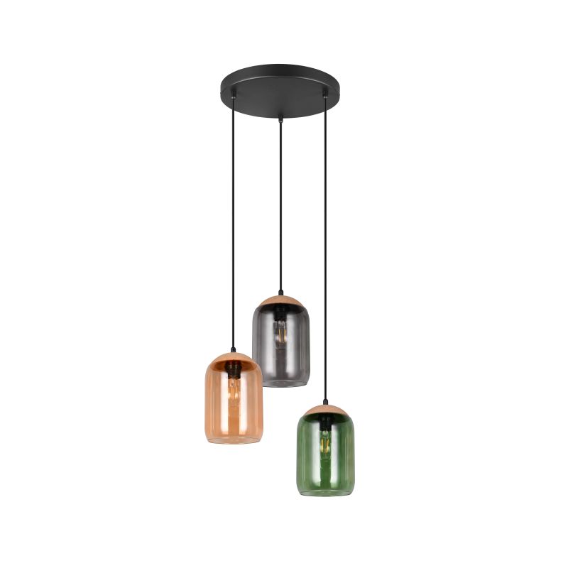 Trio-364630317 - Cork - Black 3 Light Cluster Pendant with Multicolour Glass & Cork