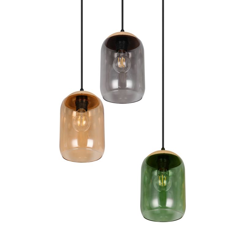 Trio-364630317 - Cork - Black 3 Light Cluster Pendant with Multicolour Glass & Cork