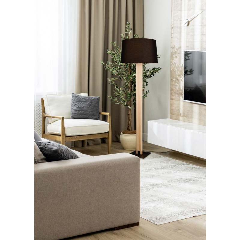 Trio-447610232 - Rahul - Wooden & Black Floor Lamp with Black Shade