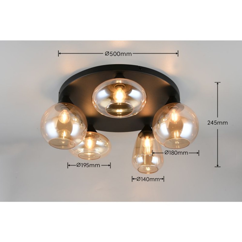 Trio-617030513 - Lumina - Matt Black 5 Light Semi Flush with Amber Glass