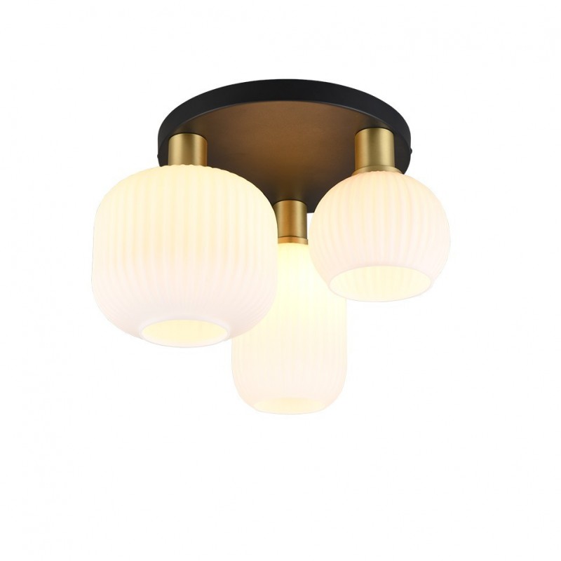 - Diva - Black & Matt Brass 3 Light Semi Flush with Ribbed White Glass Trio-619800308 - Diva - Black & Matt Brass 3 Light Semi Flush with Ribbed White Glass