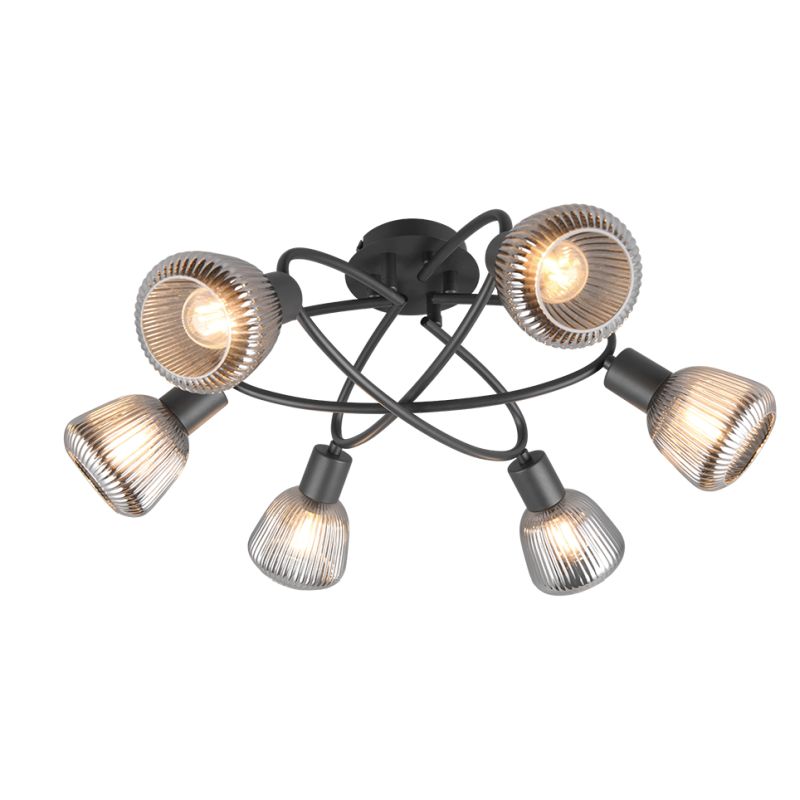 - Tarifa - Black 6 Light Semi Flush with Mirrored Smoked Ribbed Glass Trio-662800632 - Tarifa - Black 6 Light Semi Flush with Mirrored Smoked Ribbed Glass